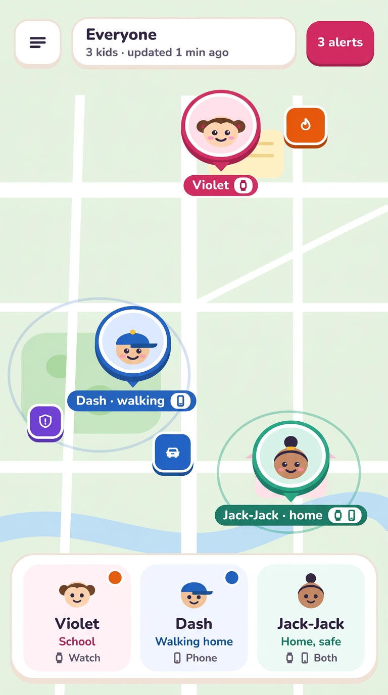 Mom Alert family map showing Violet, Dash and Jack-Jack