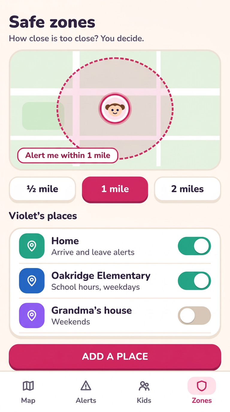 Safe zones screen with radius settings