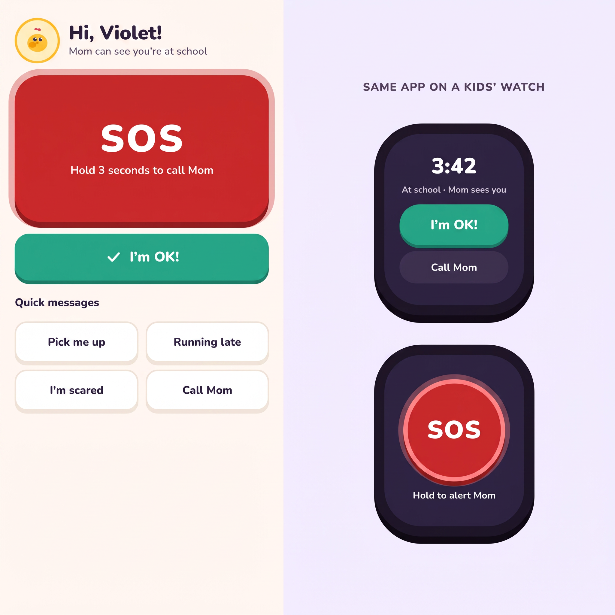 Kid app on a phone and a smartwatch